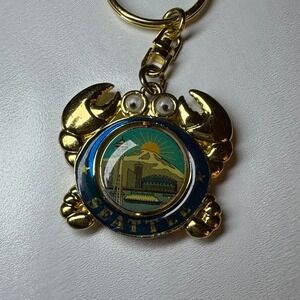 Seattle‎ Souvenir Spinner Keychain Crab Gold Tone Space Needle Mount Rainier